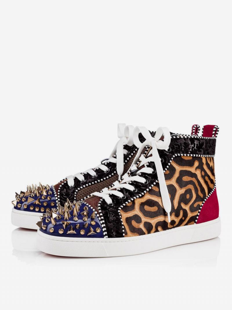 Hoge Herensneakers Met Luipaardprint Ronde Neus Veters Klinknagels Heren