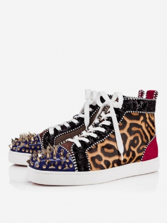 Hoge Herensneakers Met Luipaardprint Ronde Neus Veters Klinknagels Heren