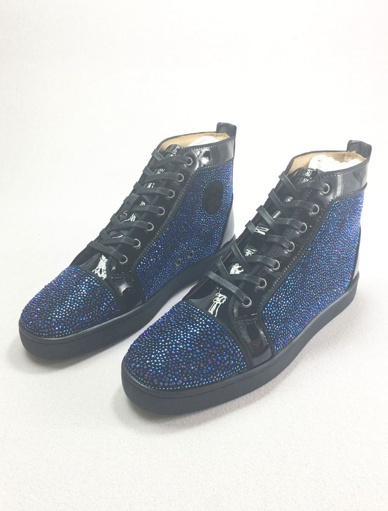 Hoge Top Feestsneakers Heren Blauw Leer Met Strass Steentjes