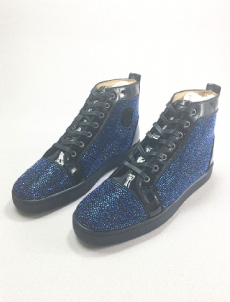 Hoge Top Feestsneakers Heren Blauw Leer Met Strass Steentjes