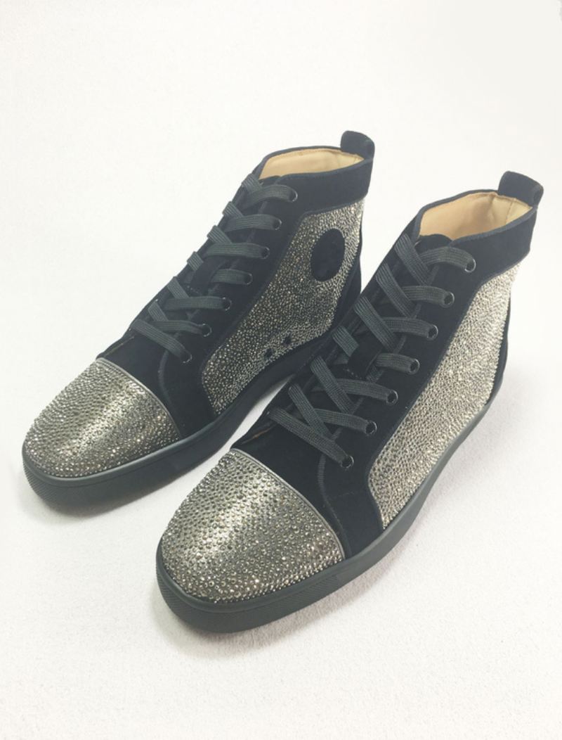 Hoge Top Feestsneakers Heren Blauw Leer Met Strass Steentjes - Zilver