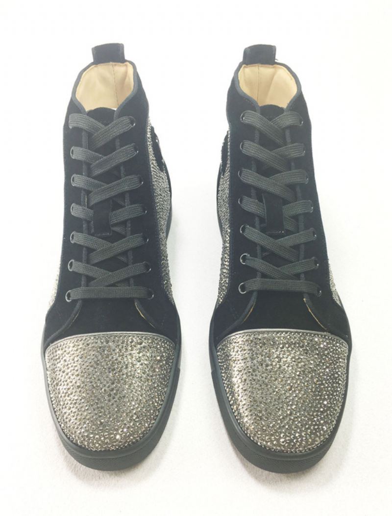 Hoge Top Feestsneakers Heren Blauw Leer Met Strass Steentjes - Zilver