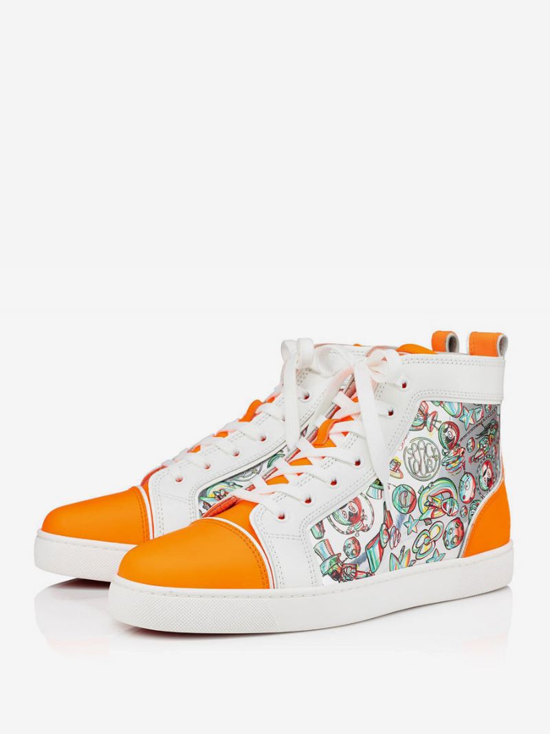 Hoge Top Herenschoenen Feestfeesten Oranje Ronde Neus Sneakers Met Kunstprint Veters