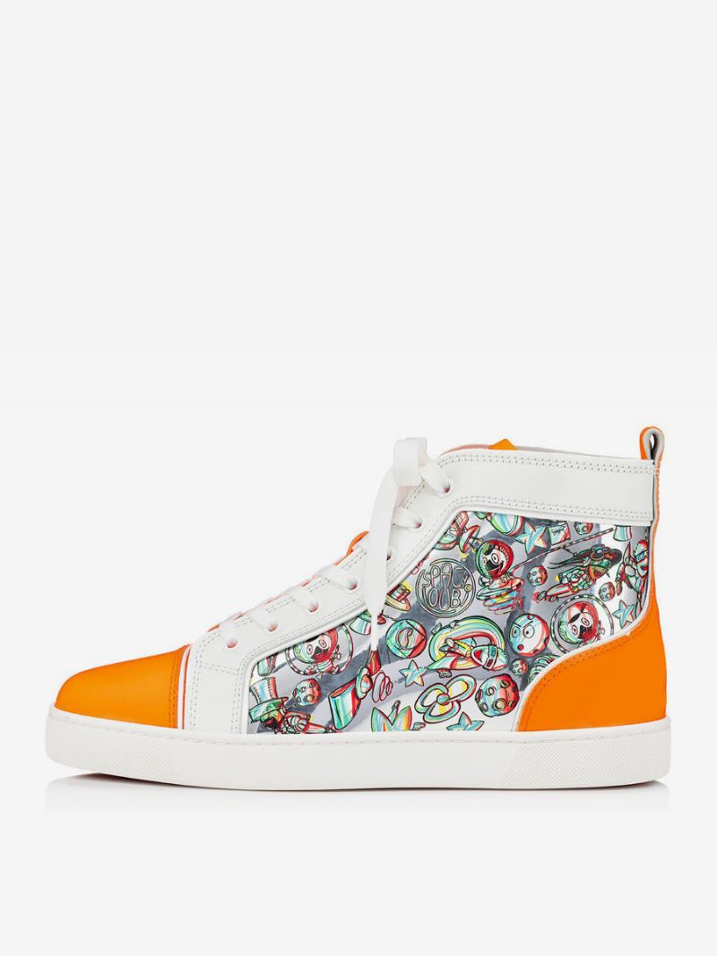 Hoge Top Herenschoenen Feestfeesten Oranje Ronde Neus Sneakers Met Kunstprint Veters - Oranje