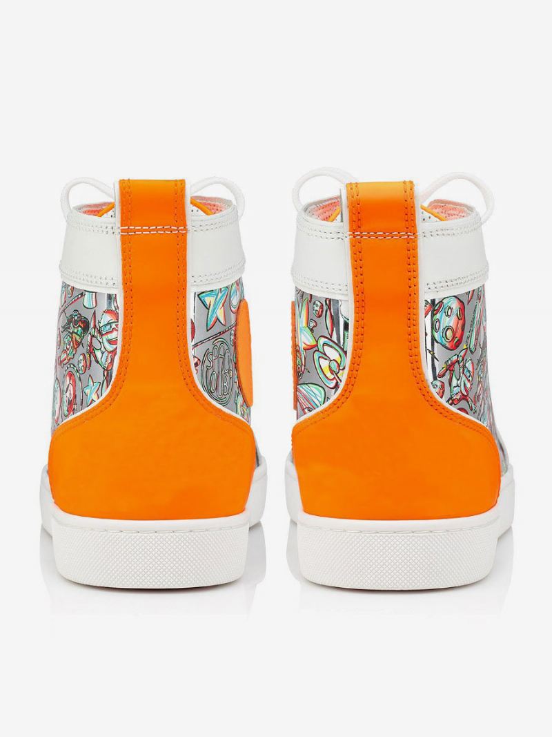 Hoge Top Herenschoenen Feestfeesten Oranje Ronde Neus Sneakers Met Kunstprint Veters - Oranje