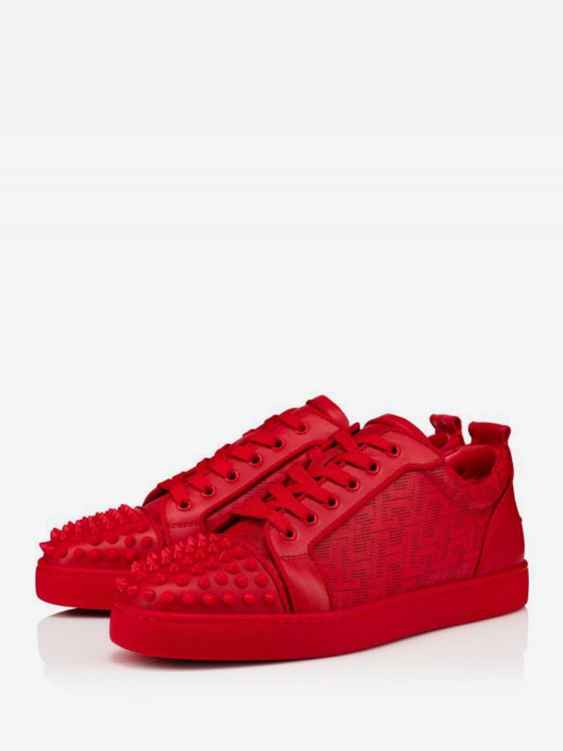 Lage Heren Rode Sneakers Met Ronde Neus Tonale Spikes Veters - Bordeauxrood