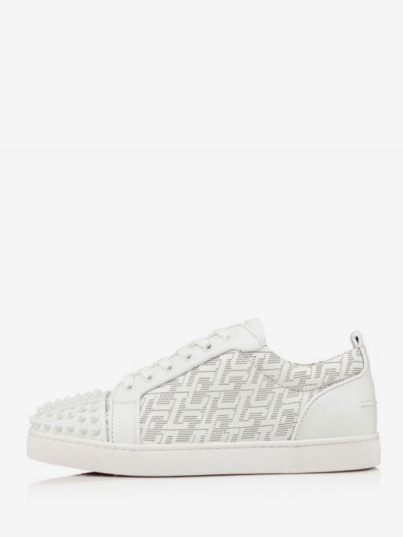 Lage Heren Rode Sneakers Met Ronde Neus Tonale Spikes Veters - Wit