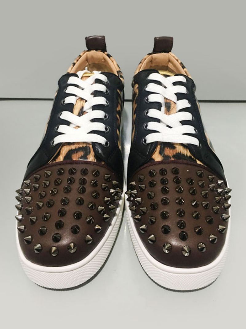 Lage Herensneakers Met Veters Luipaardprint Spikes Feestfeestschoenen - Zwart