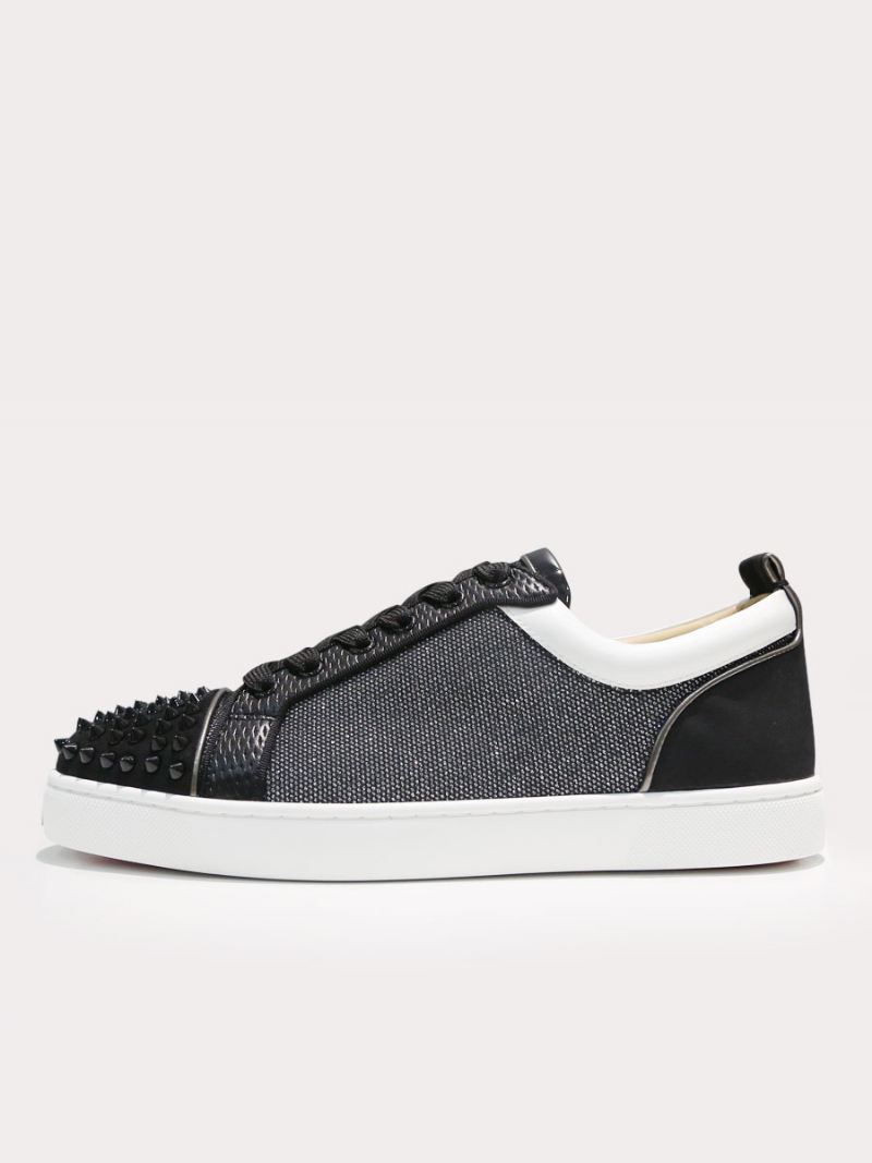 Lage Sneakers Heren Ronde Neus Klinknagels Spikes Leren Glanzende Schoenen Met Veters - Zwart