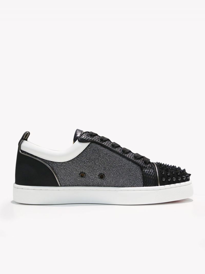 Lage Sneakers Heren Ronde Neus Klinknagels Spikes Leren Glanzende Schoenen Met Veters - Zwart