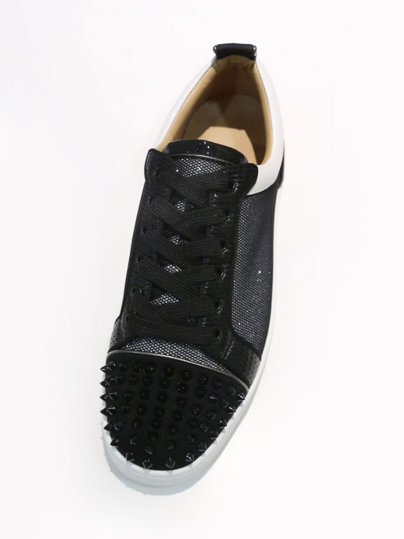 Lage Sneakers Heren Ronde Neus Klinknagels Spikes Leren Glanzende Schoenen Met Veters - Zwart