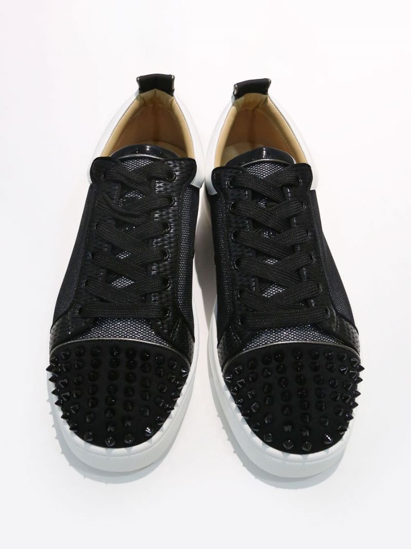 Lage Sneakers Heren Ronde Neus Klinknagels Spikes Leren Glanzende Schoenen Met Veters - Zwart