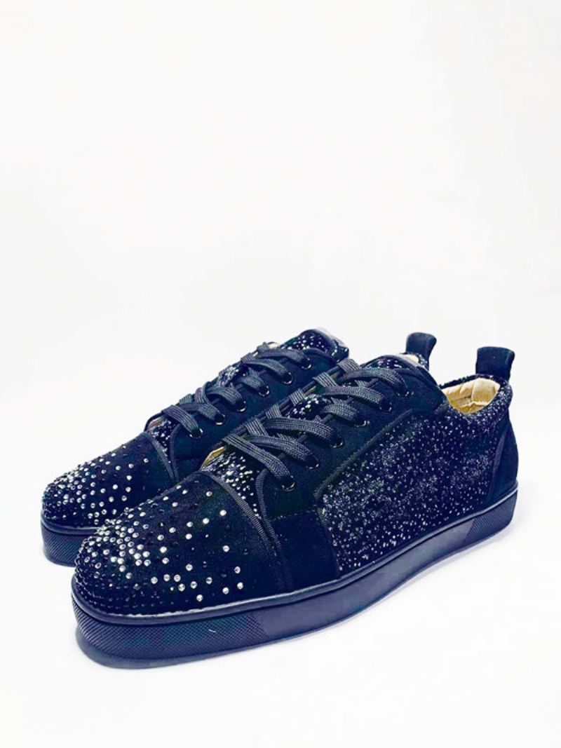 Skateschoenen Heren Zwarte Ronde Neus Strass-sneakers Met Veters Feestschoenen Feest