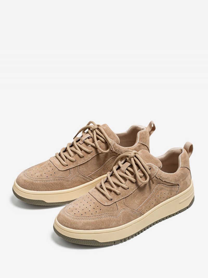 Sneakers Heren Gezellige Koeienhuid Causale Schoenen Met Ronde Neus - Beige