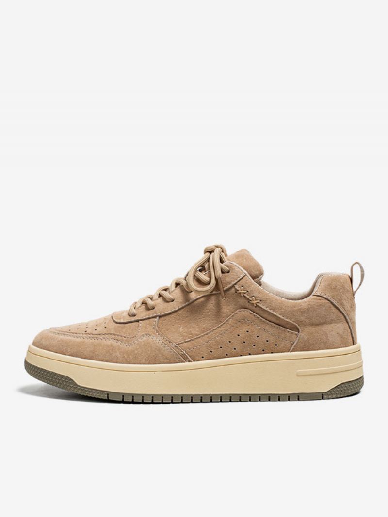 Sneakers Heren Gezellige Koeienhuid Causale Schoenen Met Ronde Neus - Beige