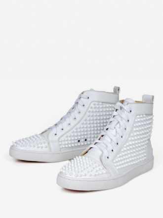 Witte Pu-lederen Hoge Sneakers Met Klinknagels Heren