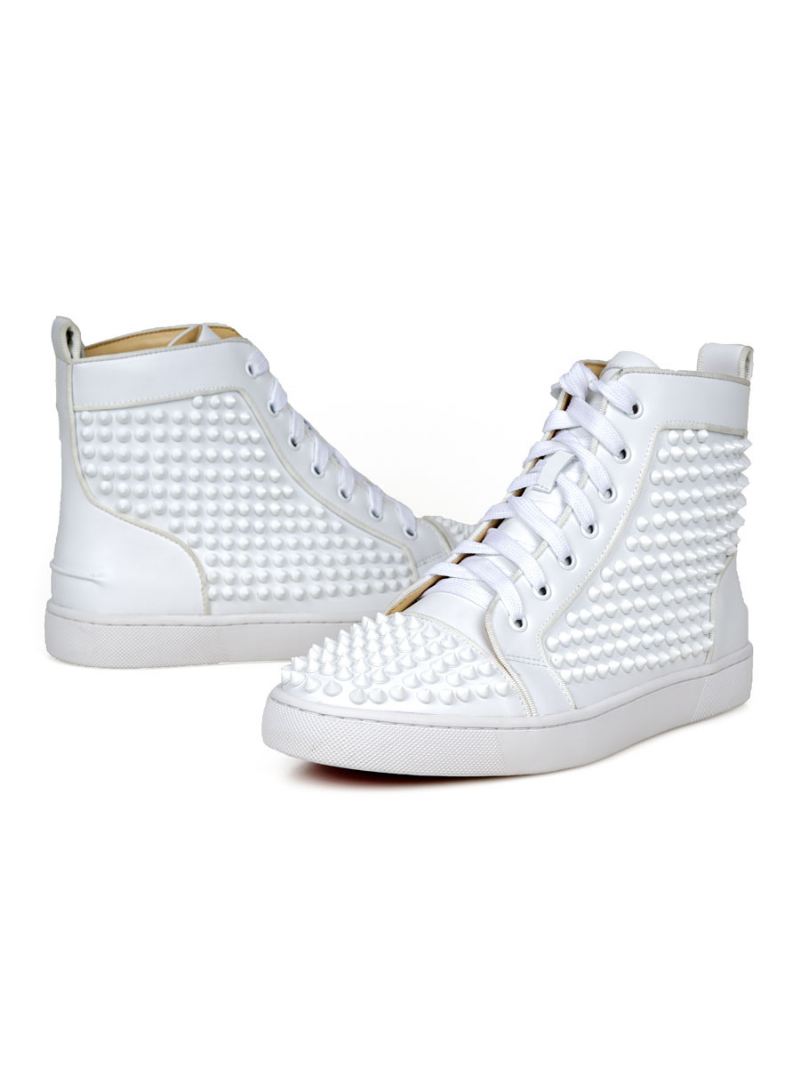 Witte Pu-lederen Hoge Sneakers Met Klinknagels Heren - Wit