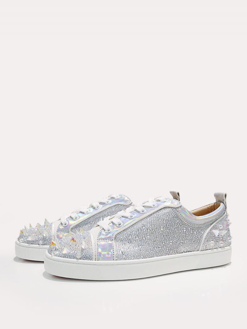 Zilveren Ronde Neus Klinknagels Met Strass Spikes Lage Slip-on Feestschoenen Heren