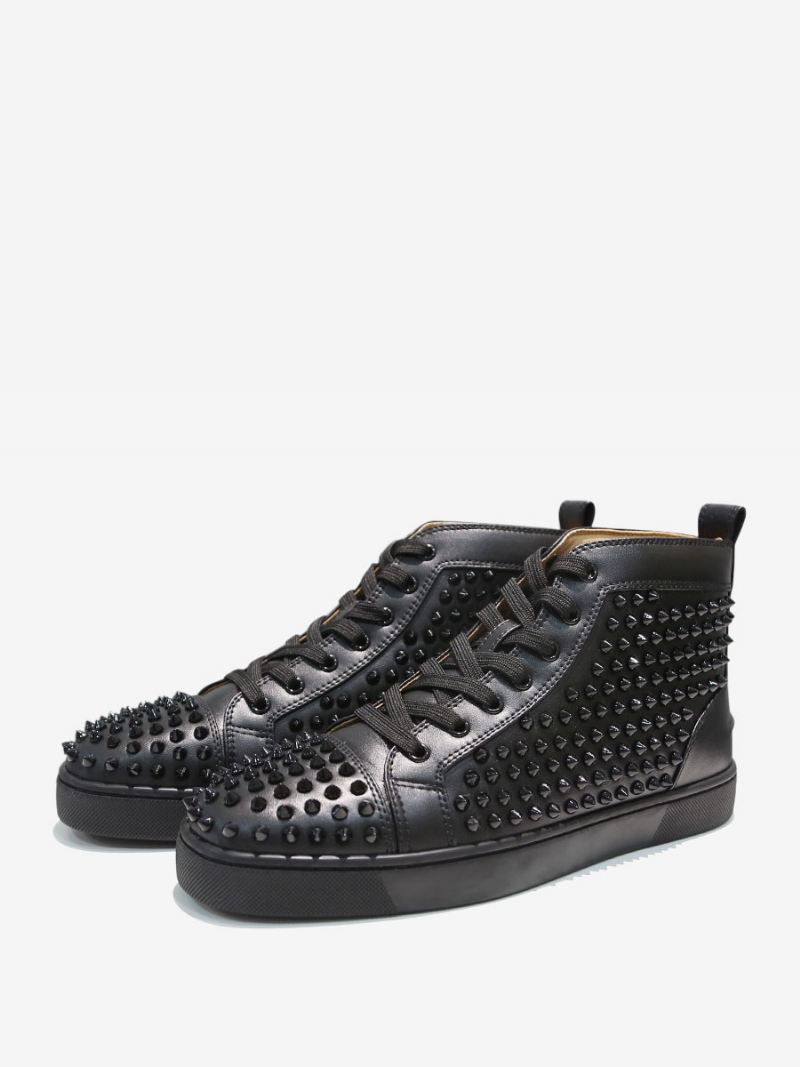 Zwarte Hoge Sneakers Met Spikes Heren Ronde Neus Feestschoenen Veters