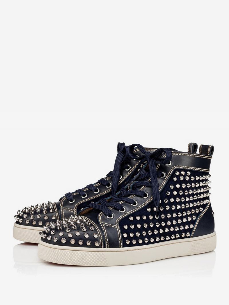 Zwarte Sneakers Met Spikes Heren Hoge Ronde Neus Veters