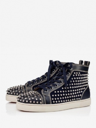 Zwarte Sneakers Met Spikes Heren Hoge Ronde Neus Veters