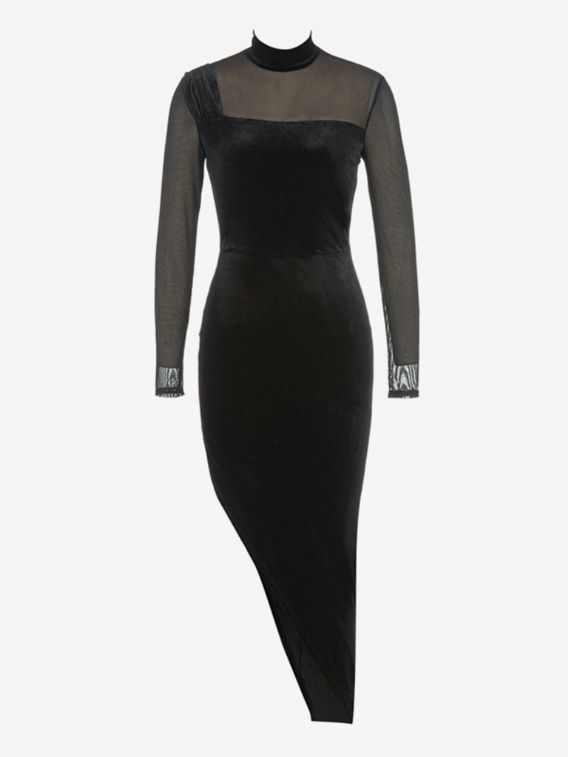 Fluwelen Damesjurk Asymmetrische Illusie Halslijn Lange Mouwen Bodycon Maxi-jurken - Zwart