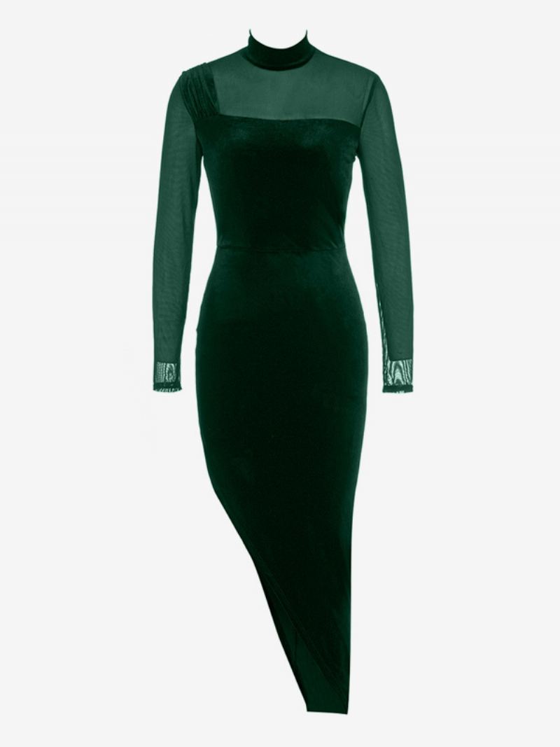 Fluwelen Damesjurk Asymmetrische Illusie Halslijn Lange Mouwen Bodycon Maxi-jurken - Donkergroen