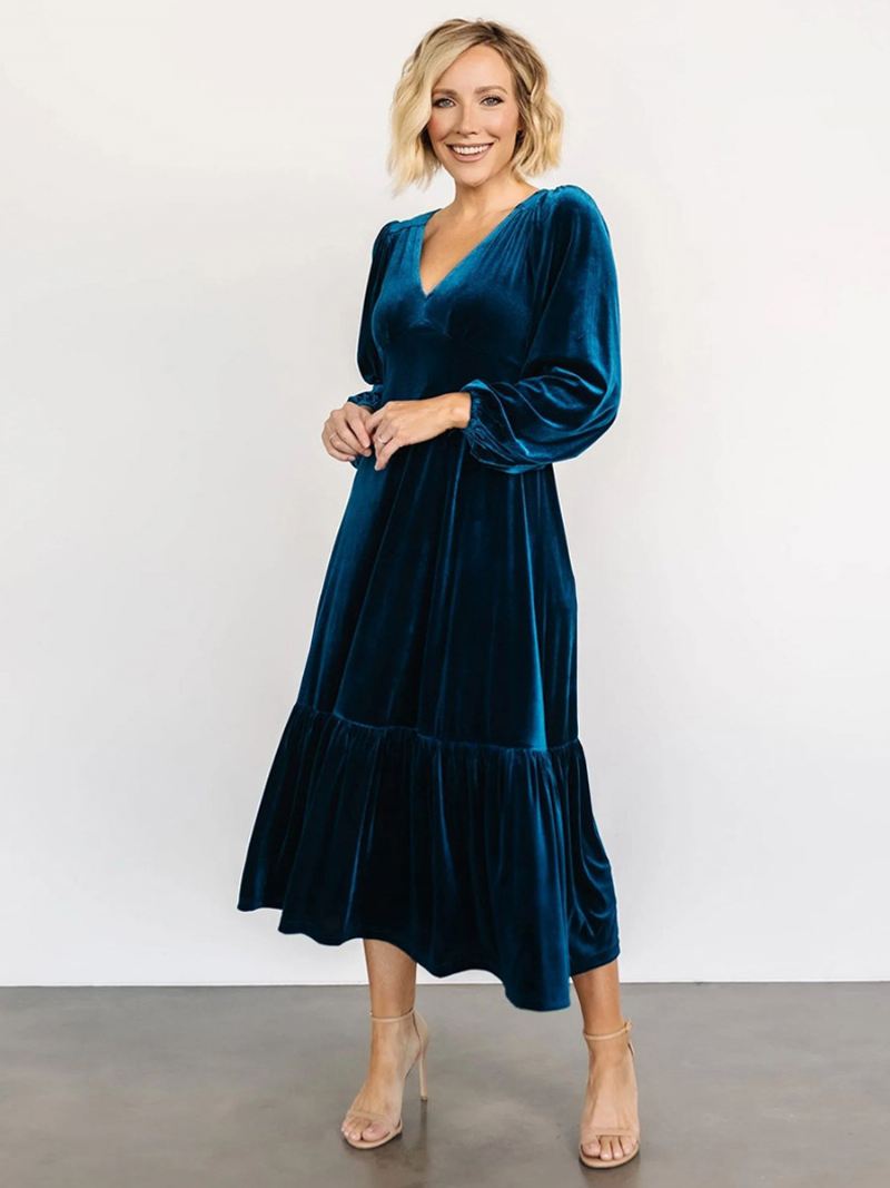 Fluwelen Damesjurk Met V-hals Ballonmouwen Effen Winter Midi-jurken - Donkermarineblauw