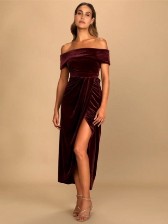 Fluwelen Maxi-jurk Dames Off-shoulder Geplooide Cocktailjurken Met Hoge Split