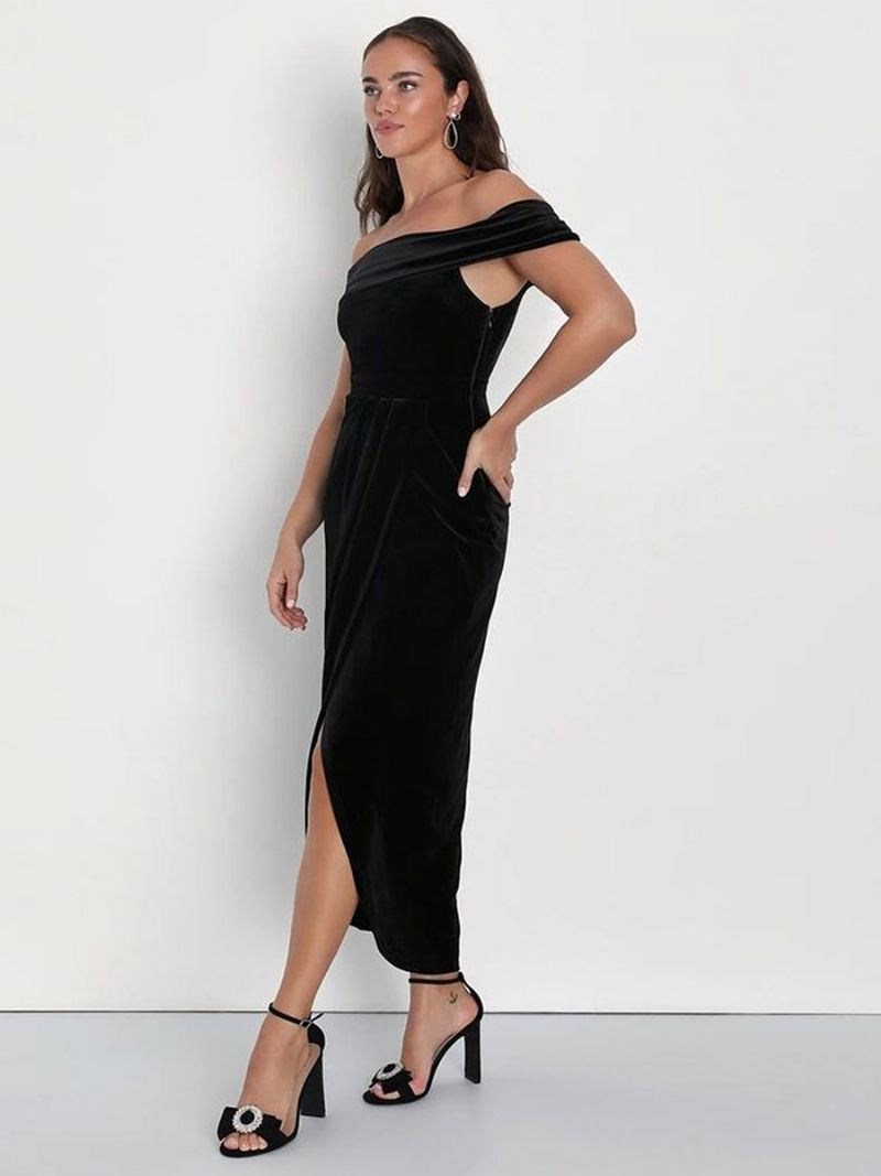 Fluwelen Maxi-jurk Dames Off-shoulder Geplooide Cocktailjurken Met Hoge Split - Zwart