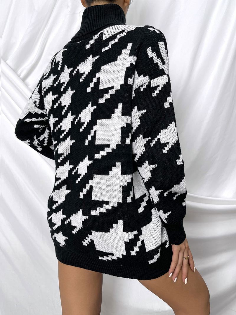 Dames Pullover Trui Zwarte Geometrische Hoge Kraag Lange Mouwen Truien - Zwart