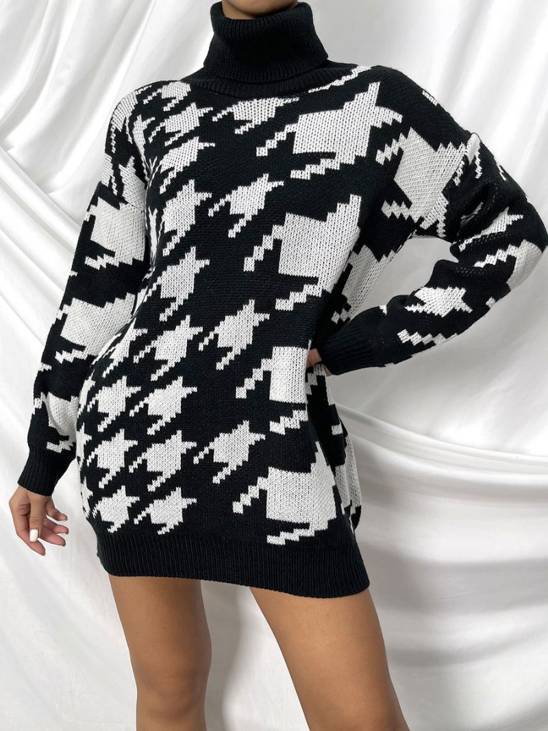 Dames Pullover Trui Zwarte Geometrische Hoge Kraag Lange Mouwen Truien - Zwart