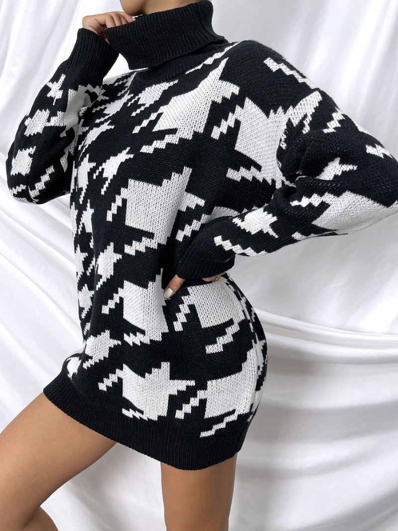 Dames Pullover Trui Zwarte Geometrische Hoge Kraag Lange Mouwen Truien - Zwart