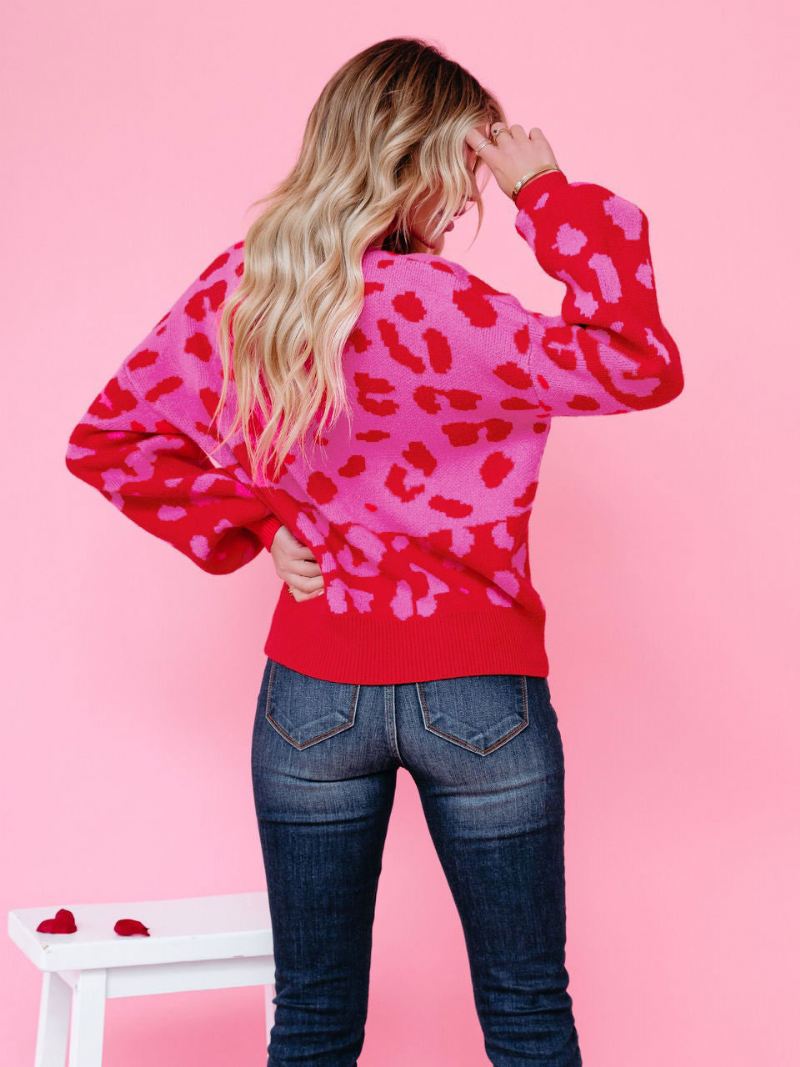 Dames Trui Met Rozenluipaardprint Juweelhals Lange Mouwen Acrylsweaters - Roze