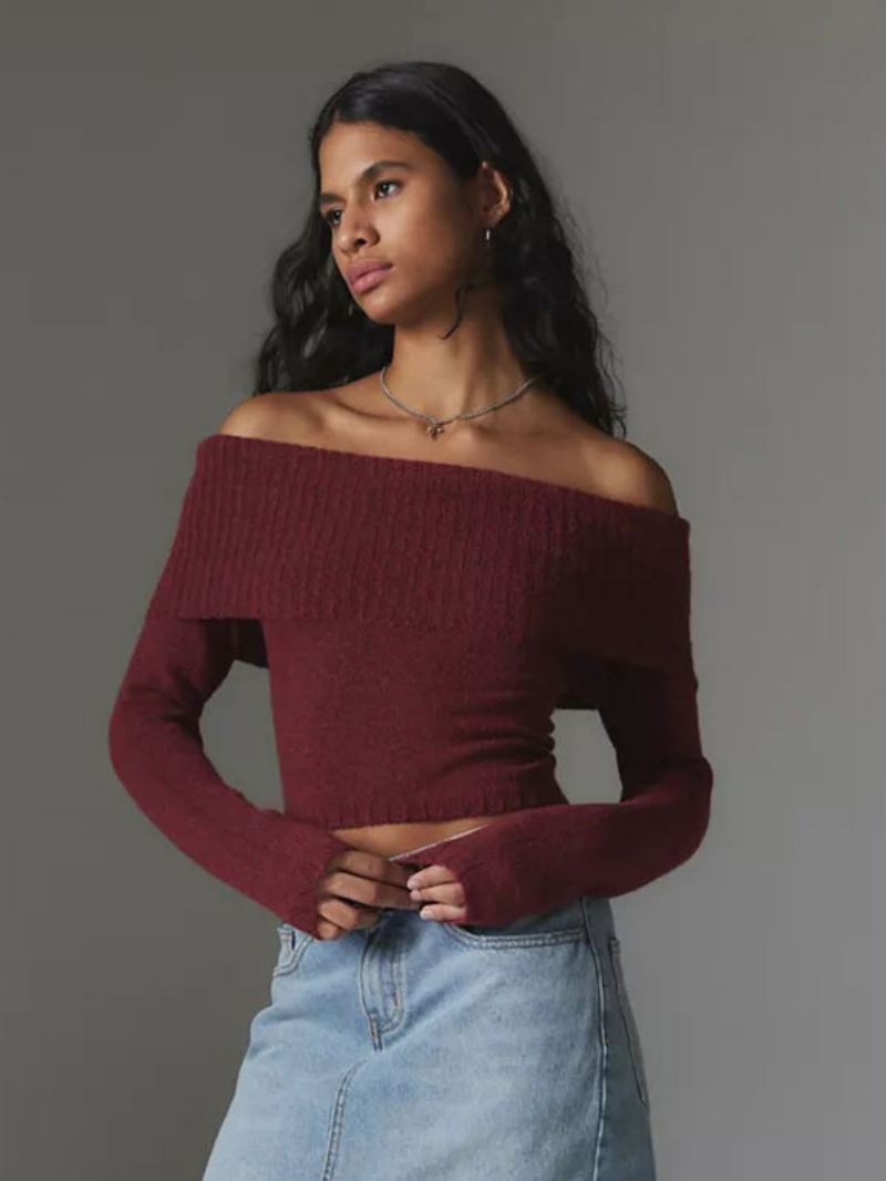 Damesjersey Trui Off-shoulder Lange Mouwen Cropped Geribbelde Top - Bordeauxrood