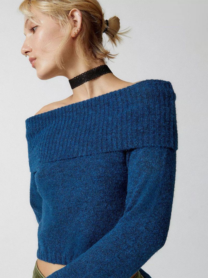 Damesjersey Trui Off-shoulder Lange Mouwen Cropped Geribbelde Top - Blauw