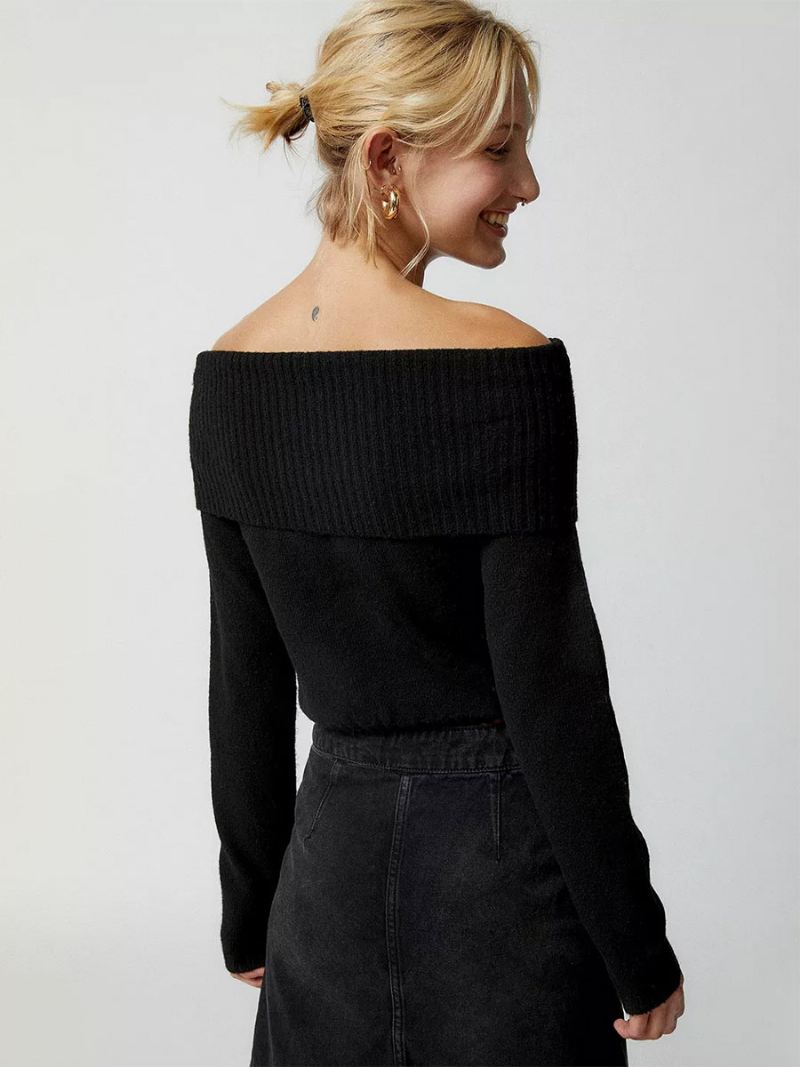 Damesjersey Trui Off-shoulder Lange Mouwen Cropped Geribbelde Top - Zwart