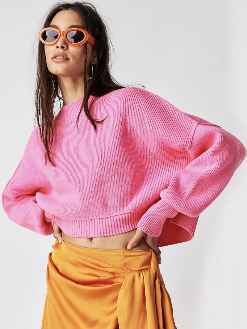 Geribbelde Trui Met Verlaagde Schouder Lange Mouwen Split-crop-top Dames - Rose