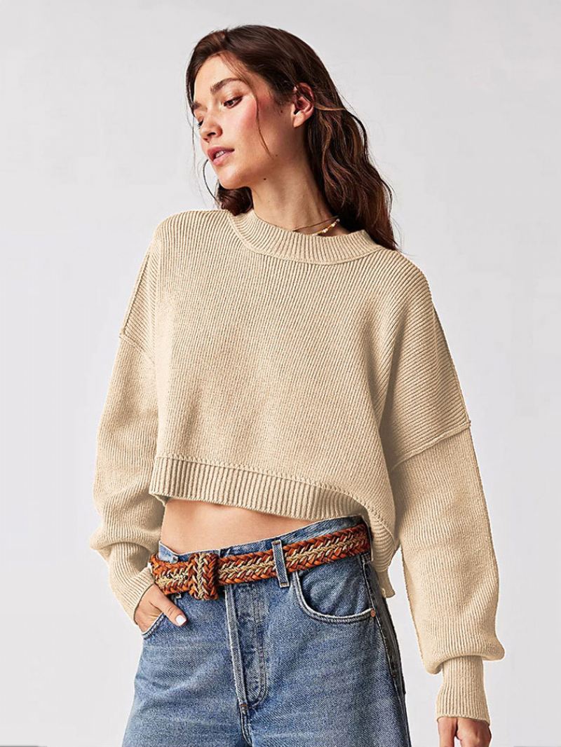 Geribbelde Trui Met Verlaagde Schouder Lange Mouwen Split-crop-top Dames - Kaki