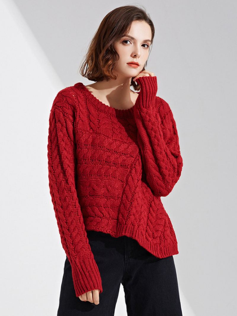 Kabelgebreide Damessweater Met Ronde Hals Lange Mouwen Geribde Manchetten Casual Trui - Rood