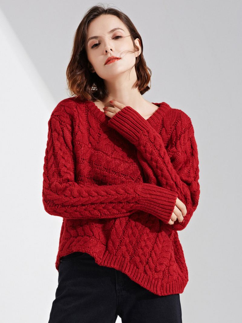 Kabelgebreide Damessweater Met Ronde Hals Lange Mouwen Geribde Manchetten Casual Trui - Rood