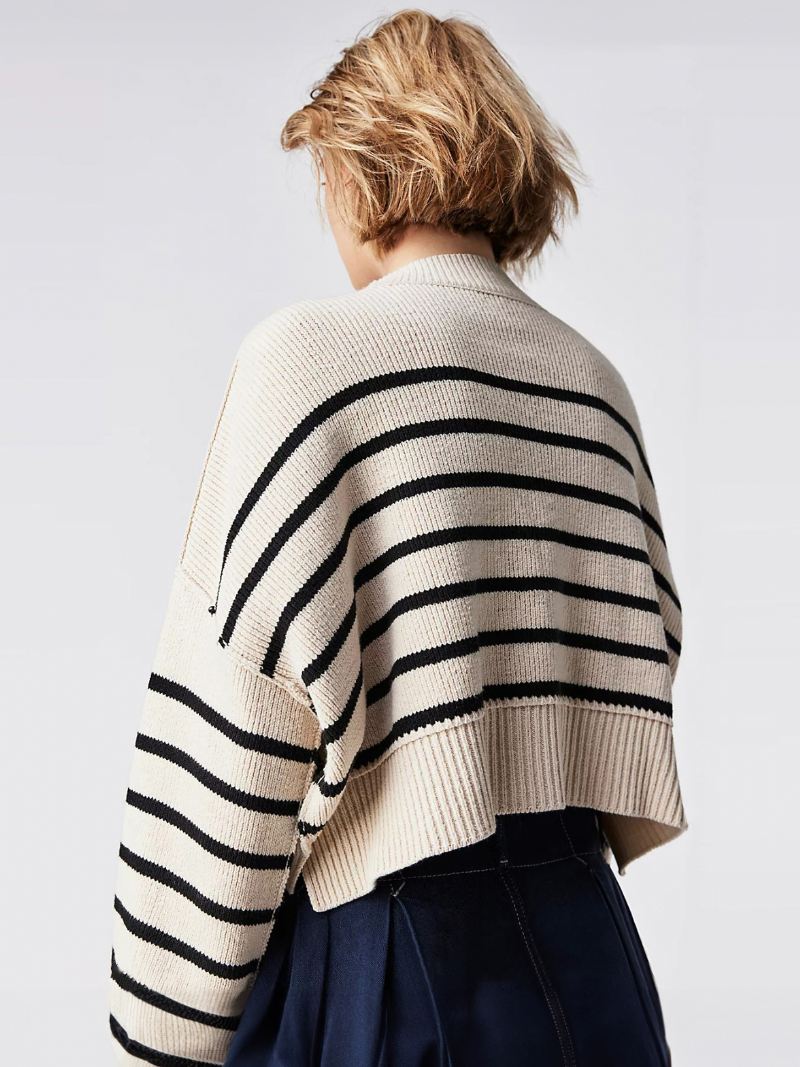 Strip Pullover Ronde Hals Drop Schouder Lange Mouwen Dames Trui - Lichtgeel