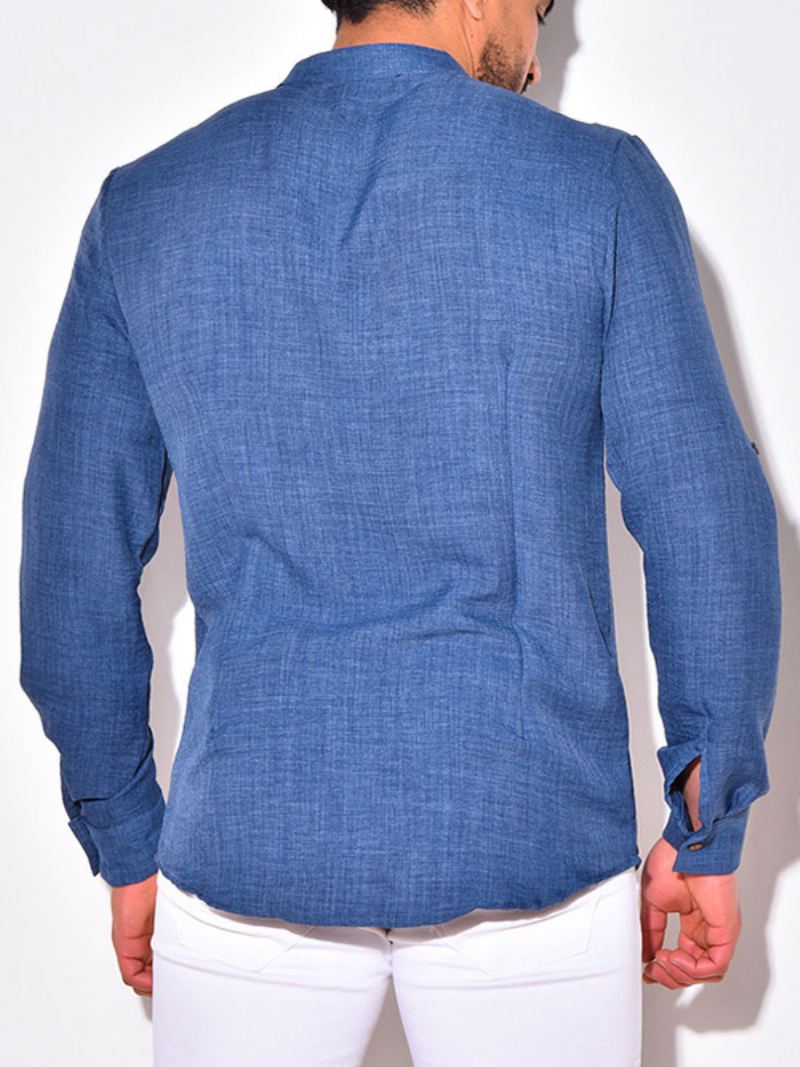 Casual Overhemd Heren Ronde Kraag Blauwe Herenoverhemden - Blauw