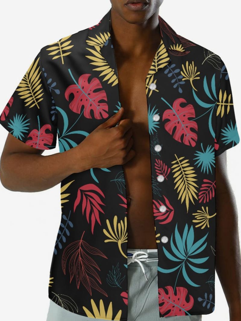 Casual Overhemd Met Korte Mouwen Heren Zwarte Hawaii-top Tropische Print