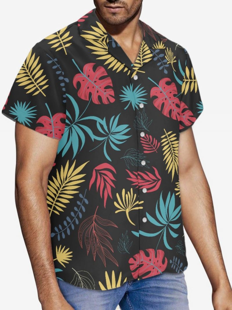 Casual Overhemd Met Korte Mouwen Heren Zwarte Hawaii-top Tropische Print - Zwart