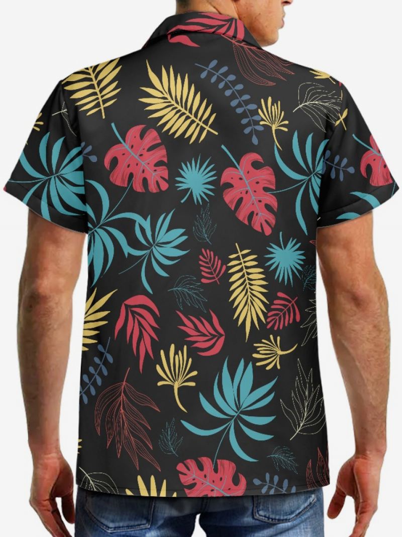 Casual Overhemd Met Korte Mouwen Heren Zwarte Hawaii-top Tropische Print - Zwart