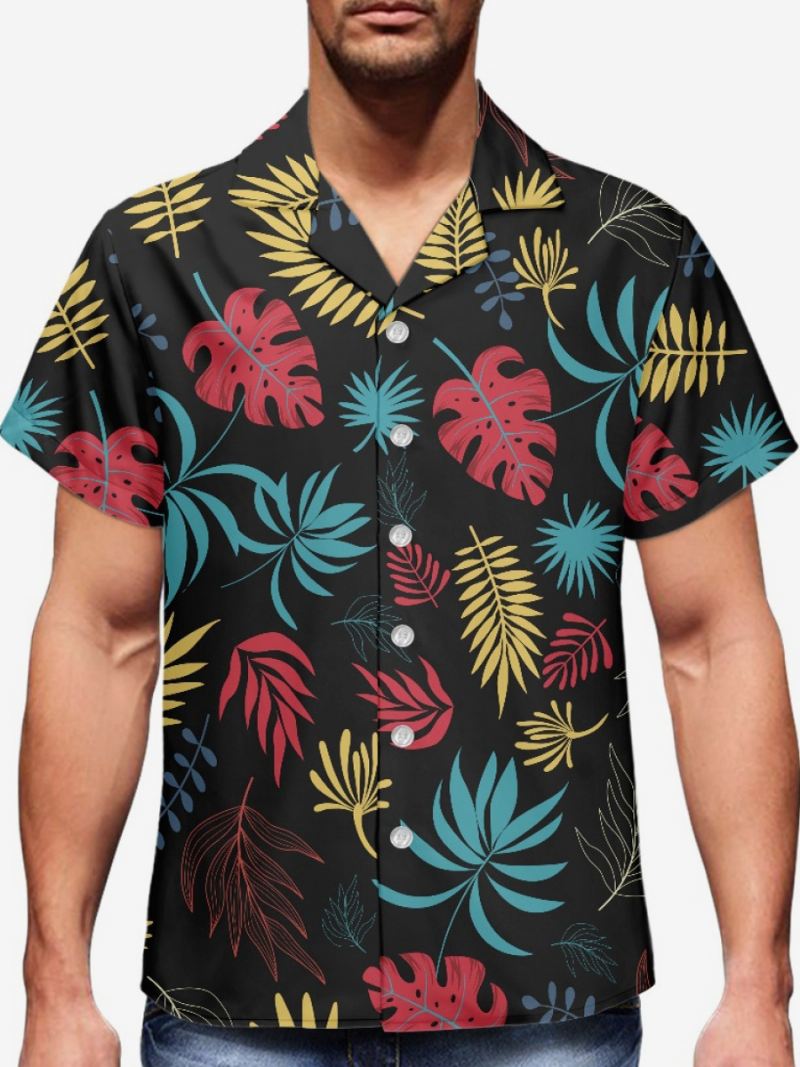 Casual Overhemd Met Korte Mouwen Heren Zwarte Hawaii-top Tropische Print - Zwart