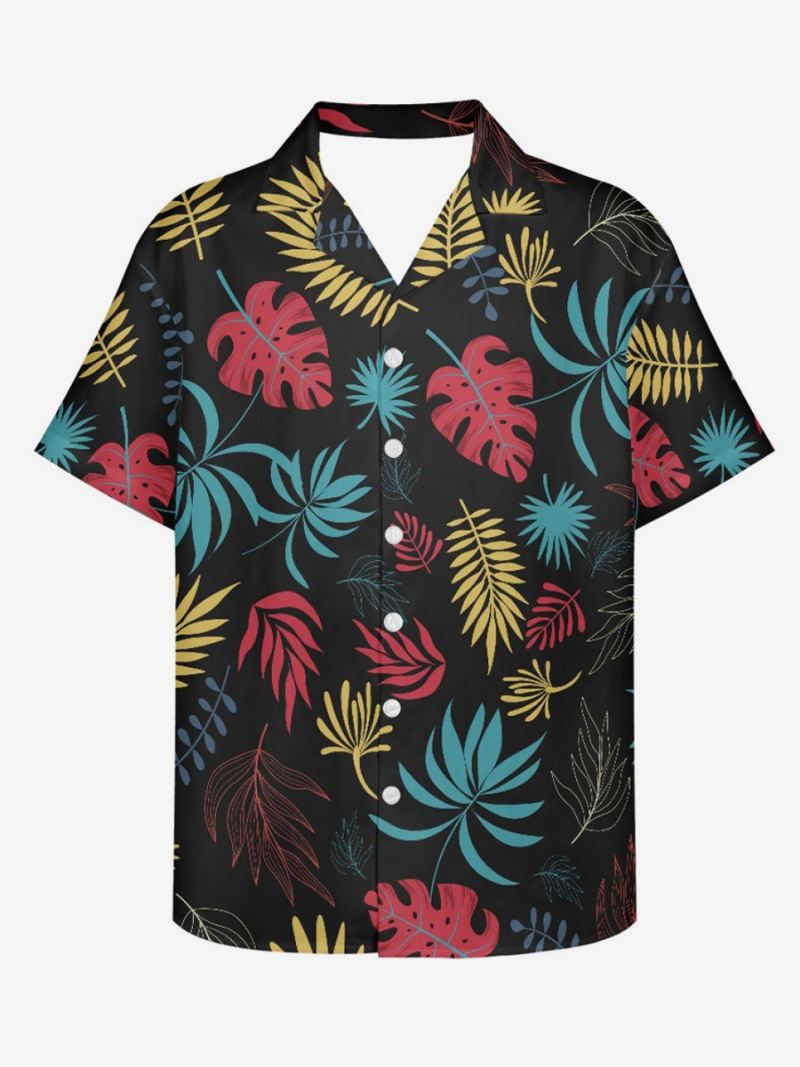 Casual Overhemd Met Korte Mouwen Heren Zwarte Hawaii-top Tropische Print - Zwart