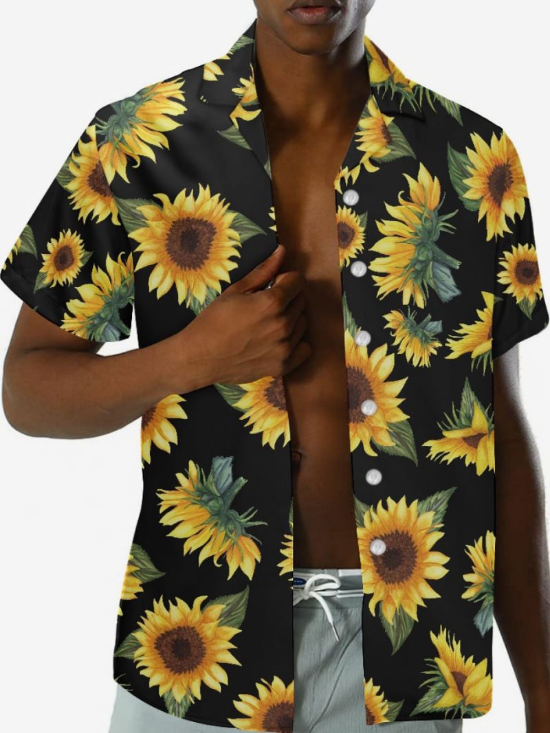 Heren Funky Hawaiiaanse Shirts Met Korte Mouwen Zomervakantie Zonnebloem Bedrukt Strand Casual Hawaii-shirt