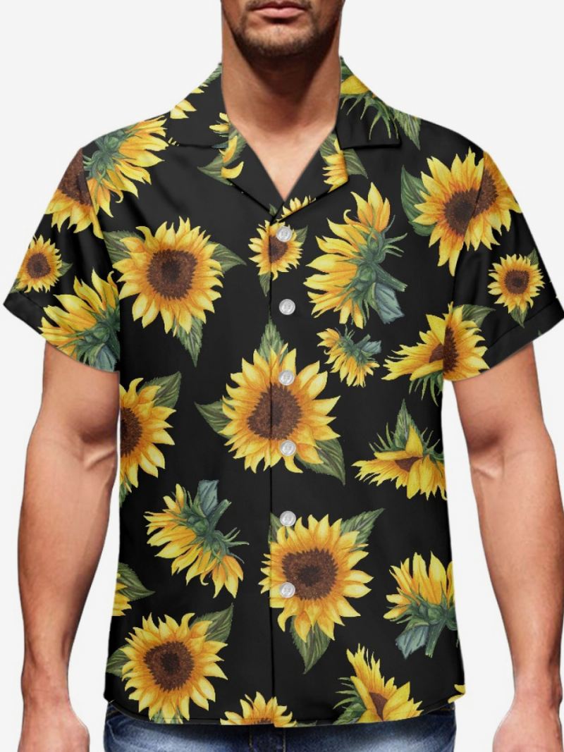 Heren Funky Hawaiiaanse Shirts Met Korte Mouwen Zomervakantie Zonnebloem Bedrukt Strand Casual Hawaii-shirt - Zwart